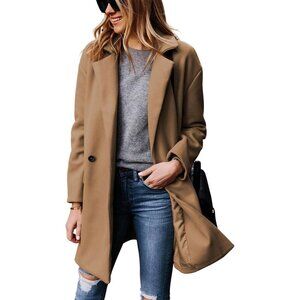 Women's Khaki Notched Lapel Winter Wool Single Breasted Blend Blazer Pea Coats